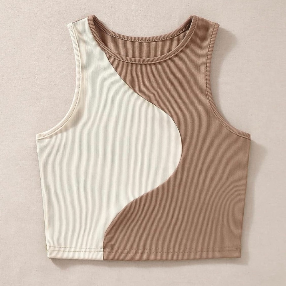Mocha Coffee & Cream 2 Tone Color Block Rib Knit Crop Top